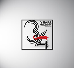 34 years anniversary logotype flat style with square and red ribbon. vector can be use for special moment event and company celebration