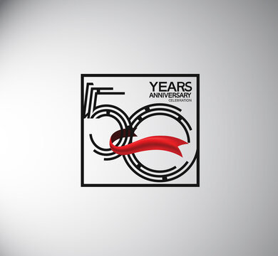 50 years anniversary logotype flat style with square and red ribbon. vector can be use for special moment event and company celebration