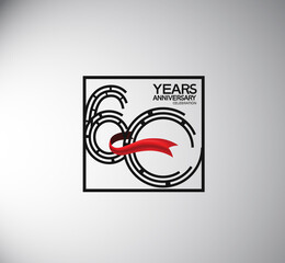 60 years anniversary logotype flat style with square and red ribbon. vector can be use for special moment event and company celebration