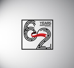62 years anniversary logotype flat style with square and red ribbon. vector can be use for special moment event and company celebration