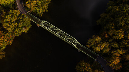 Aerial of Historic Armitage Road Bridge Baltimore through truss bridge - Erie Canal - Autumn...