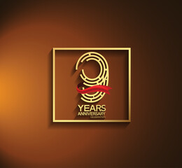 9 years anniversary logotype golden color with square and red ribbon. vector can be use for template company celebration and special moment event