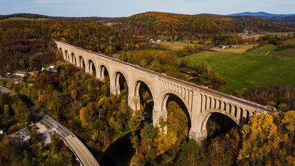 Aerial of Historic Tunkhannock Railroad Viaduct - Autumn Colors - Pennsylvania - 432049560