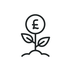 Investment icon line style. Money growth. Pound sign with plant symbol concept isolated on white background. Vector illustration