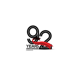 92 years anniversary logotype flat black color and red ribbon on white background. vector can be use for template company celebration and special moment event