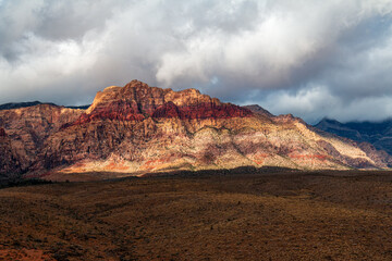 Late Morning Sun and Clouds on La Madre Mountain Range Wilderness and Bridge Mountain from Lower Red Rock Parking Area