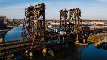 Aerials of Rusty Dock Bridge for Amtrak - Passaic River - Newark, New Jersey - 432051553