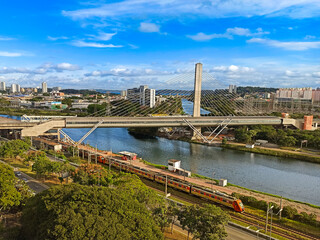 View from the Santo Amaro subway station over the Pinheiros river and the CPTM train line in the city of São Paulo