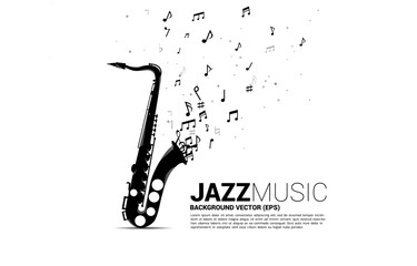 Vector music melody note flow from saxophone. Concept background for jazz song and concert theme. - obrazy, fototapety, plakaty
