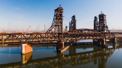 Aerials of Rusty Pennsylvania Railroad Harsimus Branch & NJ Route 7 Lift Bridges - Hackensack River - New Jersey