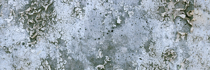 Peeling paint on the wall. Panorama of a concrete wall with old cracked flaking paint. Weathered rough painted surface with patterns of cracks and peeling. Wide panoramic texture for grunge background