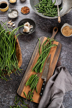 Asian green beans on cutting board