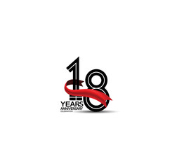 18 years anniversary logotype flat black color and red ribbon on white background can be use for company celebration, greeting card and invitation