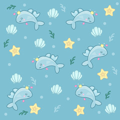 Fototapeta na wymiar Cute marine pattern with dolphins, shells and starfish on a blue background. 
