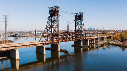 Fototapeta premium Aerial of Delaware Lackawanna & Western Railroad Lower Hack Lift Bridge - Hackensack River - New Jersey