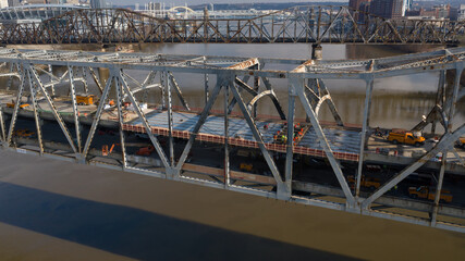 Aerial of Brent Spence Truss Bridge Closed for Structural Repairs - Interstates 71 & 75 over Ohio River - Cincinnati, Ohio & Covington, Kentucky - 432054356