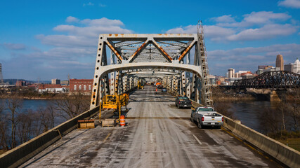Aerial of Brent Spence Truss Bridge Closed for Structural Repairs - Interstates 71 & 75 over Ohio...