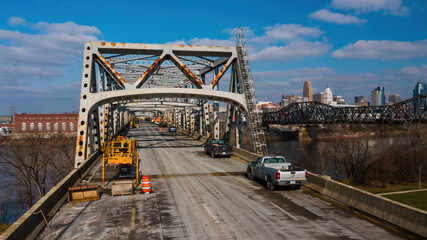 Aerial of Brent Spence Truss Bridge Closed for Structural Repairs - Interstates 71 & 75 over Ohio...