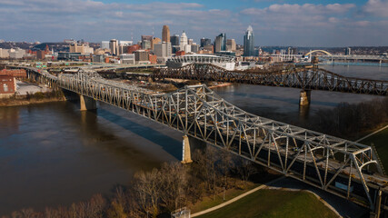 Aerial of Brent Spence Truss Bridge Closed for Structural Repairs - Interstates 71 & 75 over Ohio River - Cincinnati, Ohio & Covington, Kentucky - 432054793