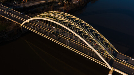 Aerial of Daniel Carter Beard Arch Bridge - Twin Yellow Arch Crossing of Ohio River for Interstate...