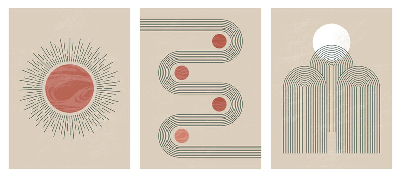 Mid century modern minimalist print with contemporary geometric Moon phases