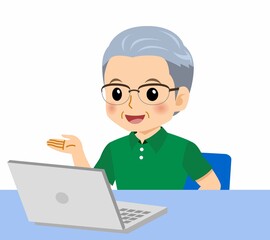 緑のポロシャツのおじいさん