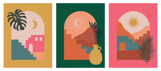 Modern abstract aesthetic illustrations. Bohemian style wall decor