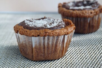 Two chocolate muffins with coconut flakes