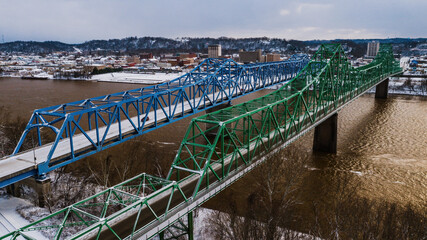 12th and 13th Street Truss Highway Bridges in Snow - Ohio River - Ashland, Kentucky & Ohio