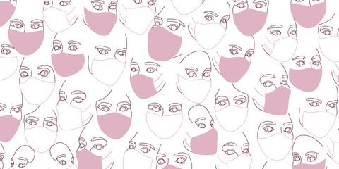 Background of female faces in protective medical masks drawn with one continuous line. Minimalistic abstract portraits of beautyful women. Modern fashion concept. In pink colors