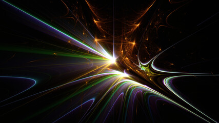 Abstract background, smooth multicolored lines on a black background.