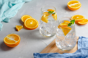 Hard seltzer cocktail with orange, mint and ice.