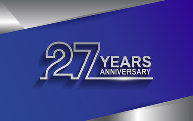 27 years anniversary silver color line style isolated on blue background for template, company celebration, special moment and greeting card