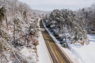 Aerial of KY Route 7 Surrounded by Snow Covered Forests - Grayson Lake State Park - Appalachian...