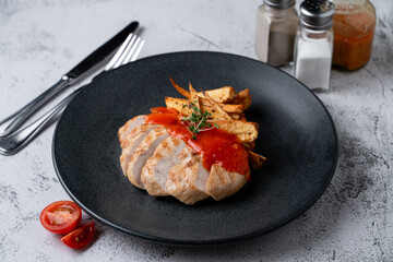 Sliced chicken breast with baked potato segments, close up on a wide black dish