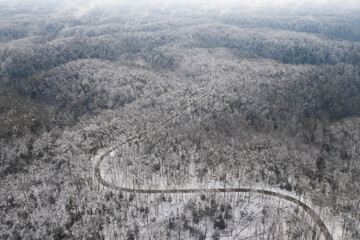 Aerial of Snow Covered Pine Ridge - Red River Gorge Geological Area - Appalachian Mountains of Eastern Kentucky