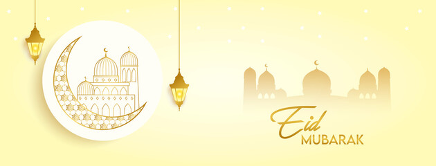 Naklejka premium Eid Mubarak celebrate banner cover greeting card post holiday, golden color design