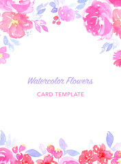 Pastel red pink watercolor flowers card. Rose, peony bouquet for wedding card invitation, banner print template - 432058383