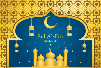 eid mubarak background design in gold and blue colors.
