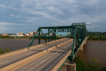 Aerial of Robert C. Byrd Bridge over Ohio River - OH Route 527 - Huntington, West Virginia & Chesapeake, Ohio - 432058967