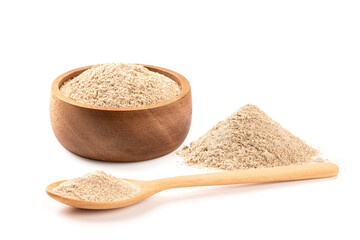 White pepper powder in wooden bowl and spoon isolated  on white background..