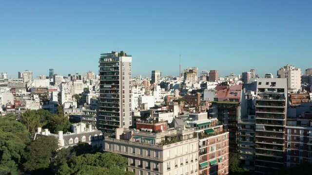 AERIAL - Recoleta apartment buildings, Buenos Aires, Argentina, wide rising shot