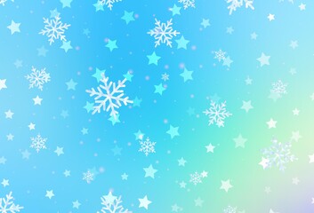 Light Blue, Green vector background with xmas snowflakes, stars.