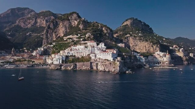 Cinematic drone flight presenting the beautiful coast of amalfi.