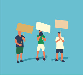 Men standing and holding blank banner. People with placards, protesting activists with loudspeakers. Working strike. Political meeting and protest vector concept isolated