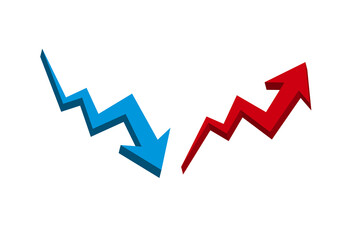ジグザグ上がる矢印と下がる矢印　赤青　イラスト