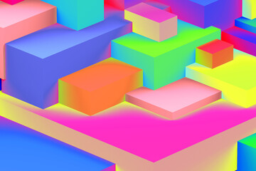 Fototapeta premium Abstract geometric cubic holographic colorful in neon lights background. isometric 3d render.
