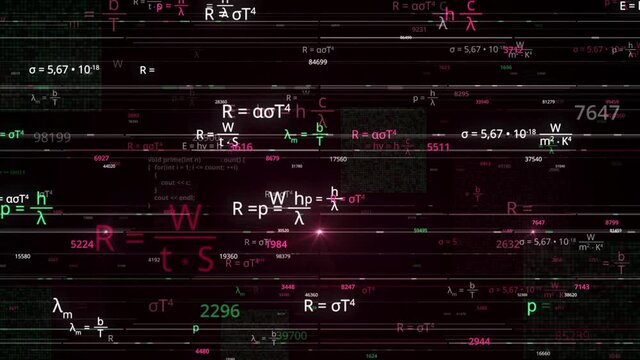 Concept of mathematical or scientific research. Animation. Physics and math formulas for calculations flying randomly on black backdrop, seamless loop.