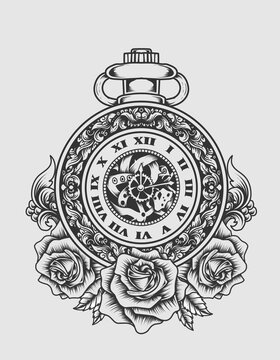 illustration vector antique clock with rose flower