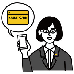 女性　ミドルエイジ 士業　メガネ　スーツ　ベクター　ポップ　スマホ　クレジットカード
